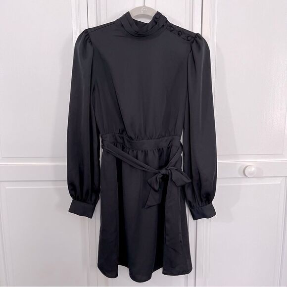 NWT Who What Wear Long Billow Sleeve Waist Tie Button Neck Dress Anthracite XS - Picture 1 of 14